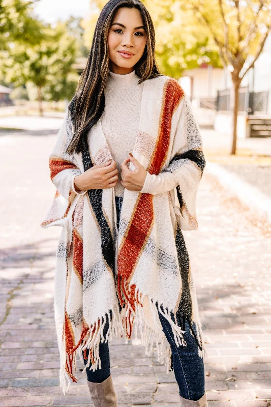 On The Go White Plaid Poncho