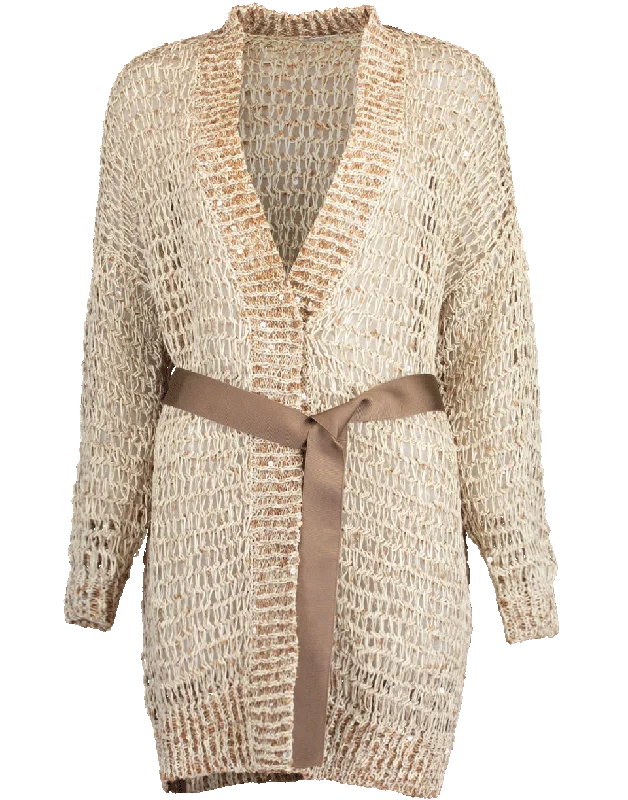 Woven Wax Cotton Belted Open Cardigan