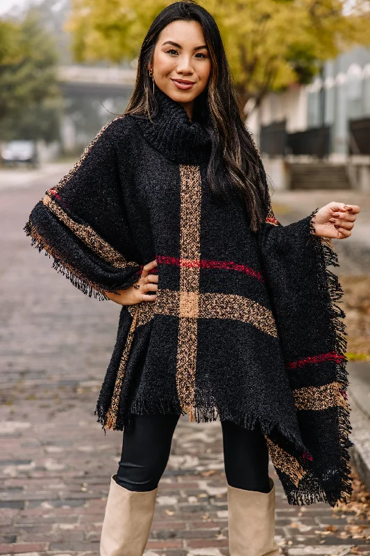 On Your Side Black Plaid Poncho