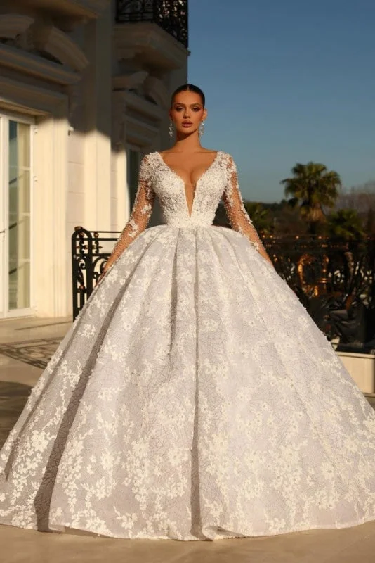 V-Neck Long Sleeves Lace Satin Ball Gown Wedding Dress with Applique