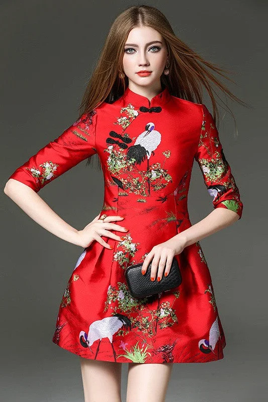 Crane Print Qi Pao Dress