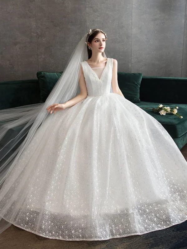 Ivory Wedding Dress Tulle Beaded V Neck Sleeveless Floor Length Princess Bridal Gown