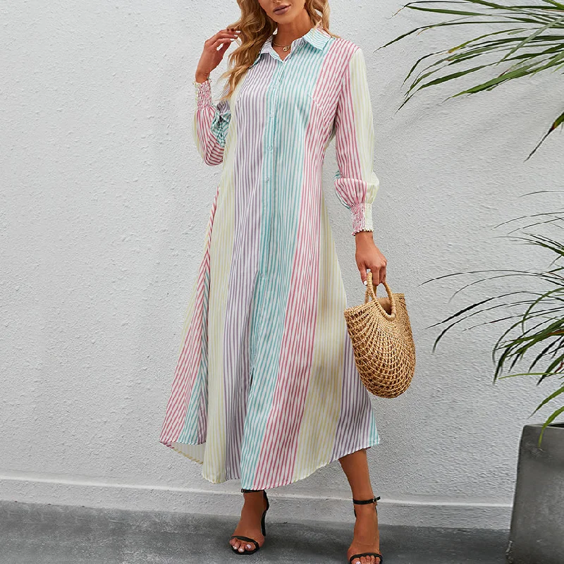 Striped Colorblock Wholesale Asymmetrical Shirt Maxi Dress