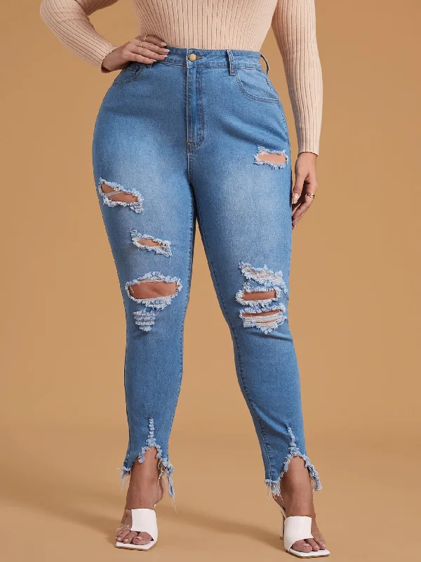 Plain Zipper Natural Long Plus Size Jeans