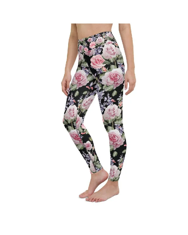 Watercolor Roses & Lavender Yoga Pants