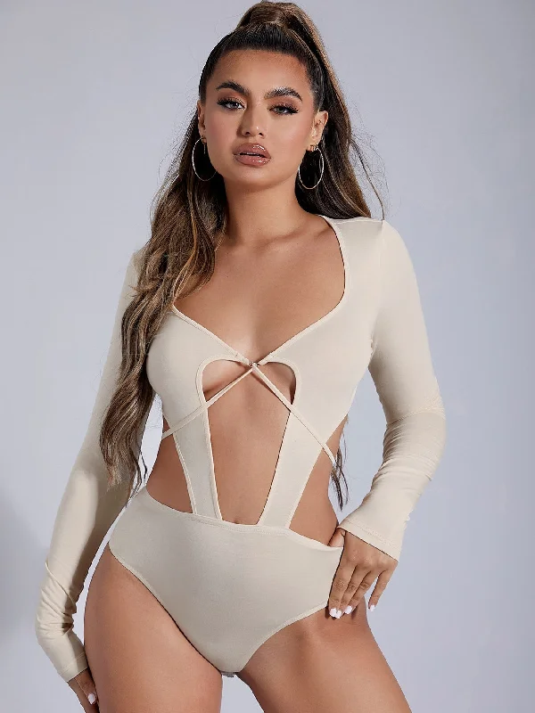 Sexy Plain Tie Back Long Sleeve Sweetheart Natural Women Bodysuit