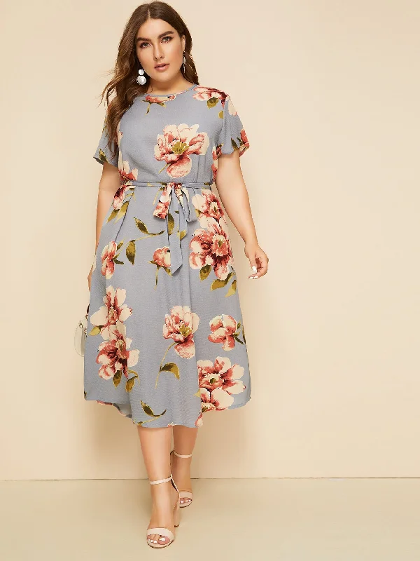 Casual Floral Belted Short Sleeve Round Neck High Waist Long Plus Size Dress