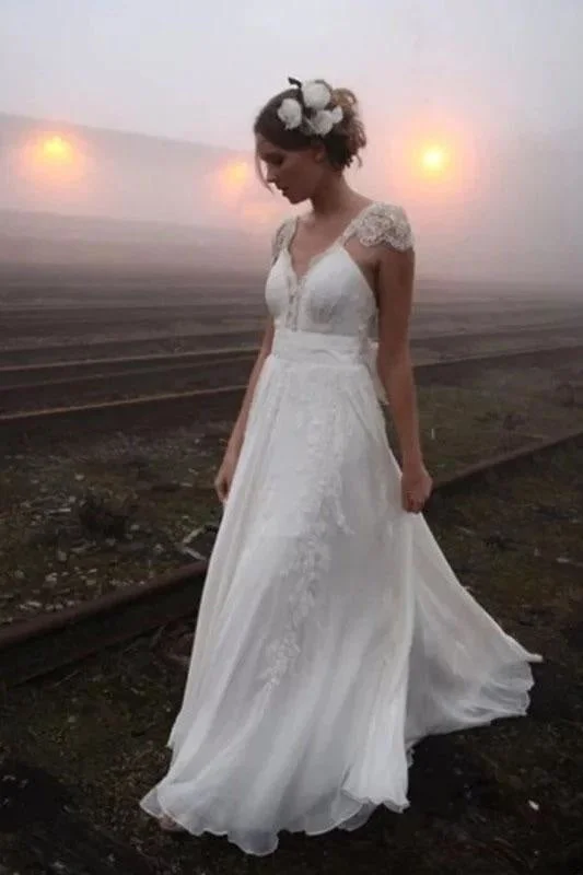 Romantic V Neck Cap Sleeves Chiffon Beach Wedding Dress