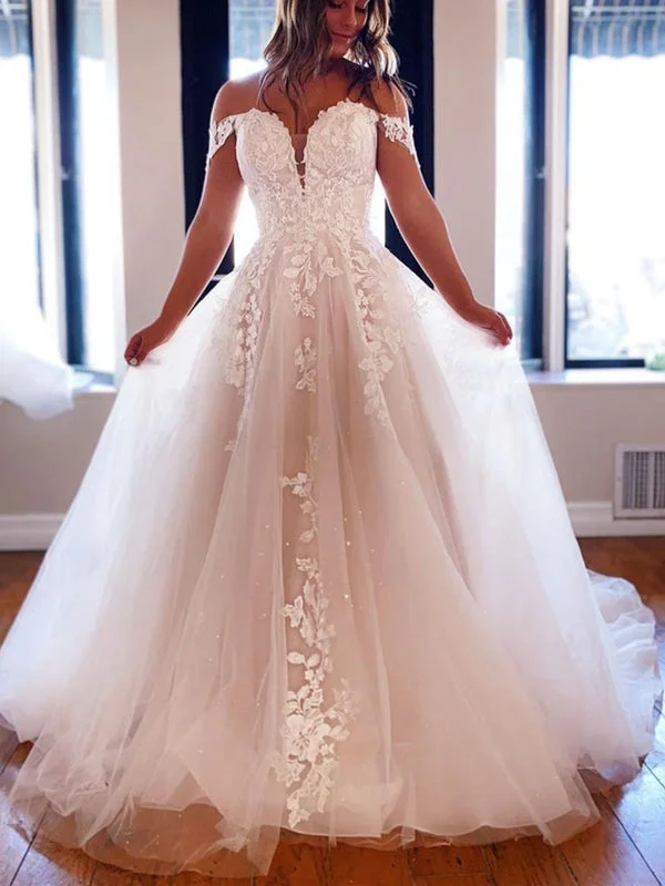 Off Shoulder White Lace Long Wedding Dresses with Train Tulle Aline Bridal Dresses