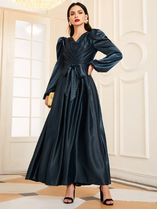 Plain Zipper Long Sleeve V Neck Flared High Waist Maxi Dress