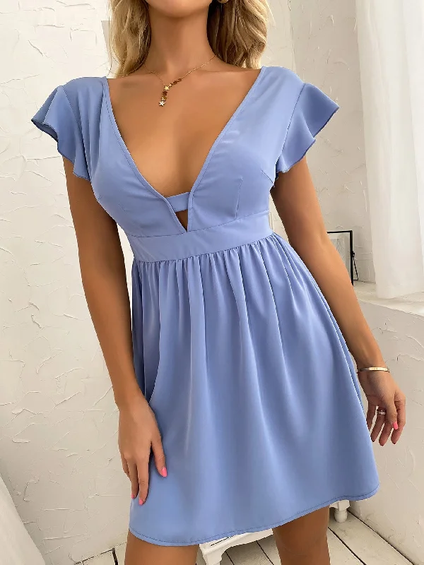 Plain Cut Out Cap Sleeve Deep V Neck Flared High Waist Mini Dress