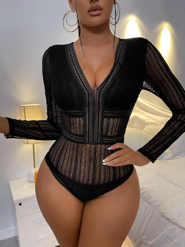 Sexy Plain Long Sleeve Deep V Neck Natural Women Bodysuit