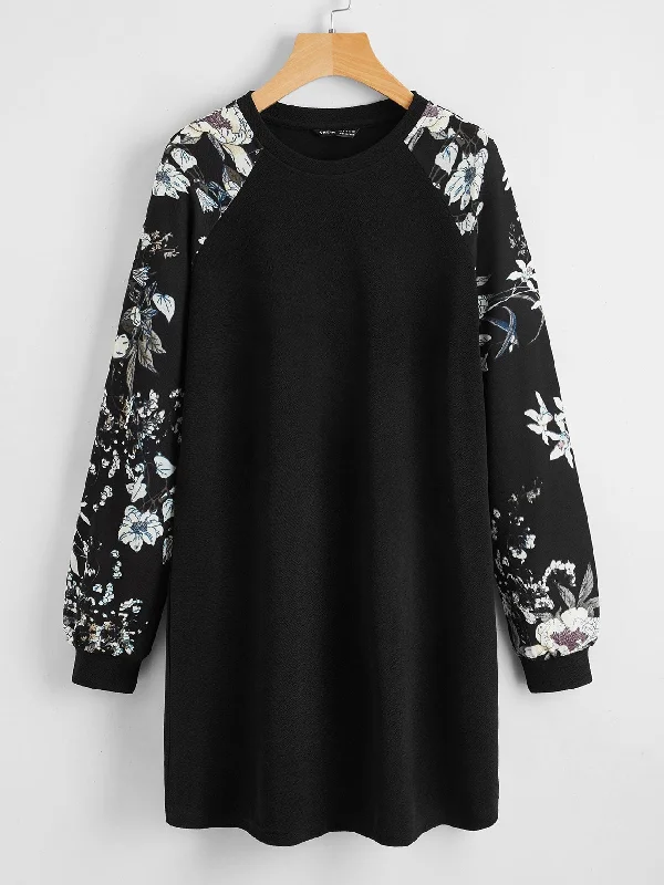 Floral Long Sleeve Round Neck Straight Natural Short Dress