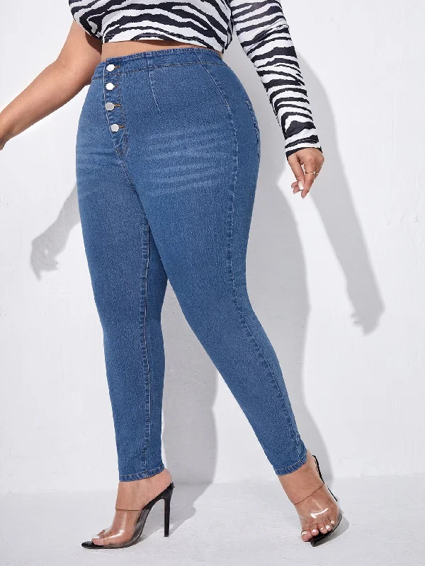 Plain Pocket Natural Cropped Plus Size Jeans