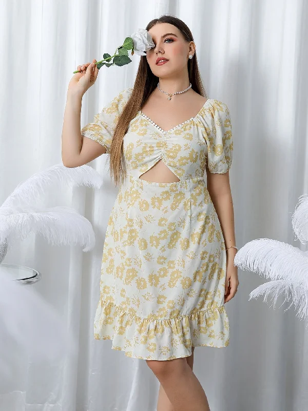 Boho All Over Print Ruffle Hem Short Sleeve Sweetheart Flounce High Waist Short Plus Size Dress