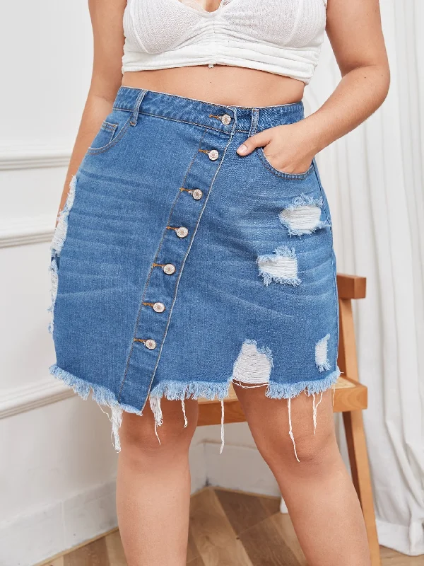 Plain Button Front High Waist Short Plus Size Denim Skirt