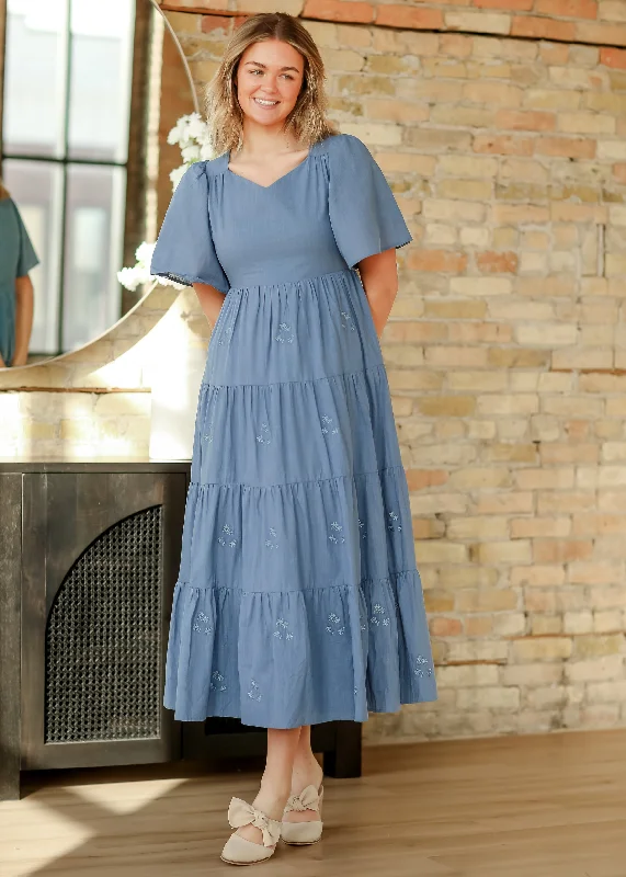 Embroidered Blue Flutter Sleeve Dress