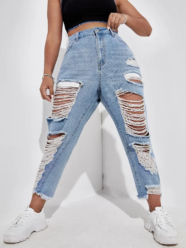 Plain Ripped High Waist Cropped Plus Size Jeans