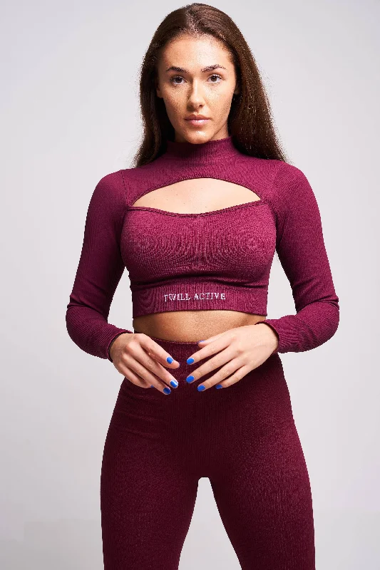 Viyella Recycled Rib High Neck Long Sleeve Crop Top – Burgundy