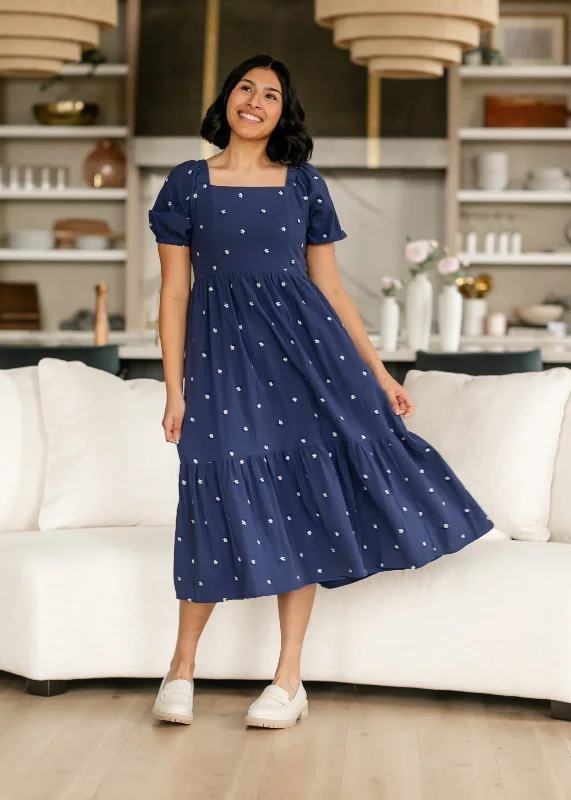 Embroidered Navy Square Neck Dress