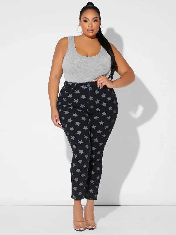 All Over Print Zipper High Waist Long Plus Size Jeans