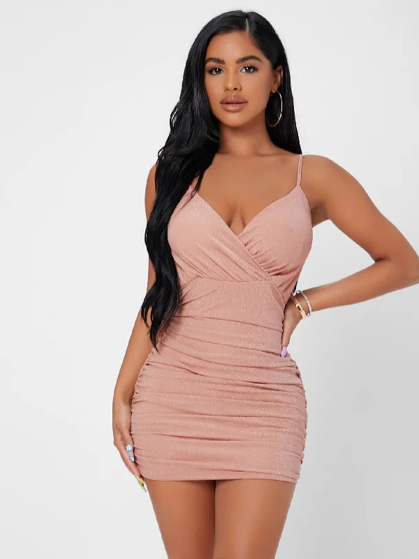 Plain Ruched Sleeveless Spaghetti Strap Pencil High Waist Mini Dress