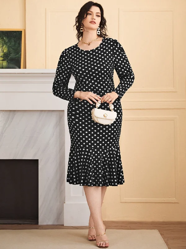 Elegant Polka Dot Ruffle Hem Long Sleeve Round Neck Mermaid High Waist Midi Plus Size Dress