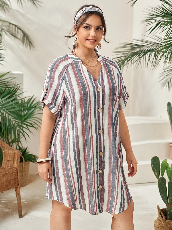 Casual Striped Button Front Short Sleeve Notched Straight Natural Short Plus Size Dress