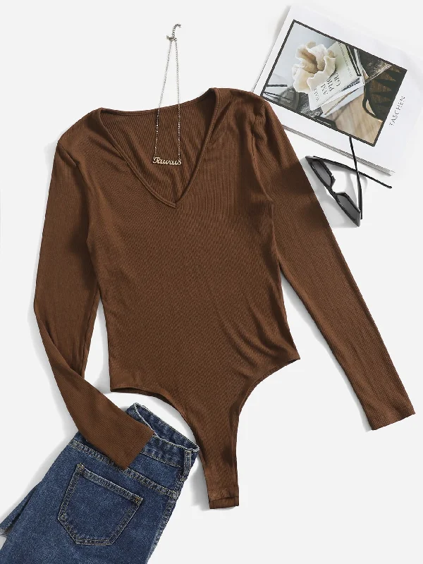 Casual Plain Rib-Knit Long Sleeve V Neck Natural Women Bodysuit