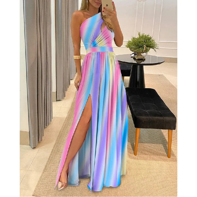 Slanted Shoulder Cutout Sleeveless Waist High Slit Swing Dress Sexy Wholesale Maxi Dresses