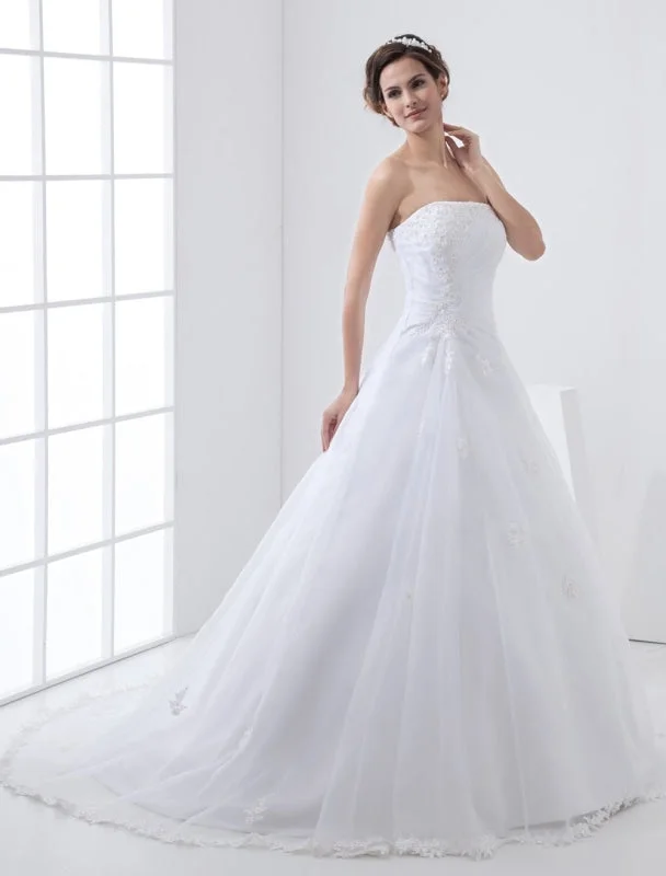 White Wedding Dresses Strapless Bridal Gown Lace Beading Side Draped Bridal Dress With Train