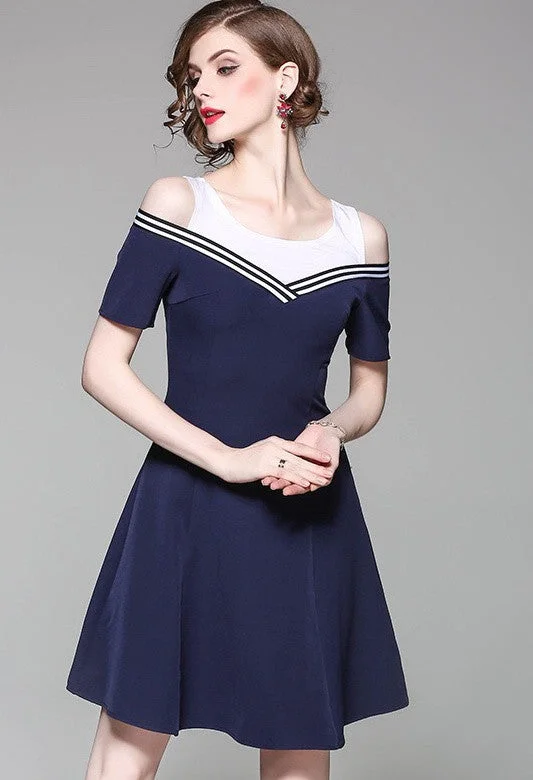 Navy and White Cold Shoulder Dress