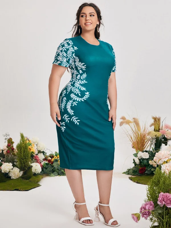 Elegant Plants Short Sleeve Round Neck Pencil Natural Midi Plus Size Dress