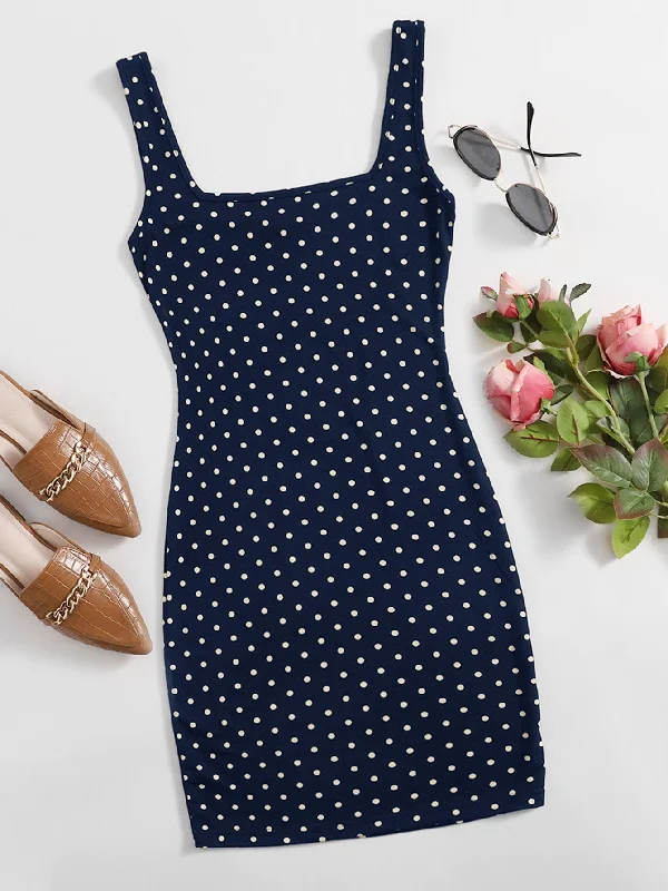 Polka Dot Sleeveless Square Neck Pencil Natural Mini Dress