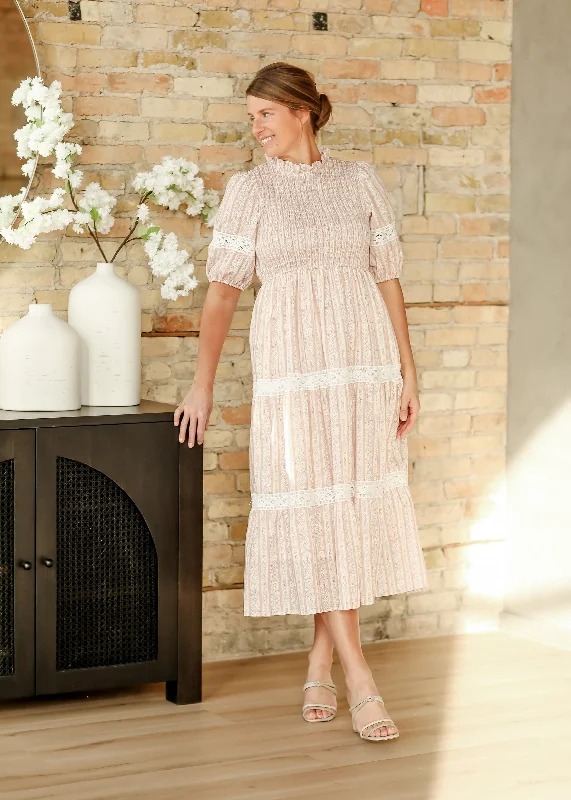 Floral Striped Eyelet Lace Smocked Maxi Dress