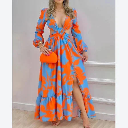 Printed Fashion Cutout Open Back Lantern Sleeve Sling Swing Drsses Crossover Wrap Chest Vacation Wholesale Maxi Dresses