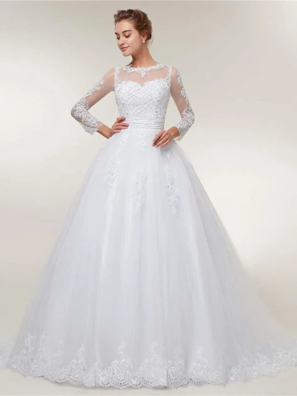 Elegant Long Sleeves Lace Detachable Train Ball Gown Wedding Dresses