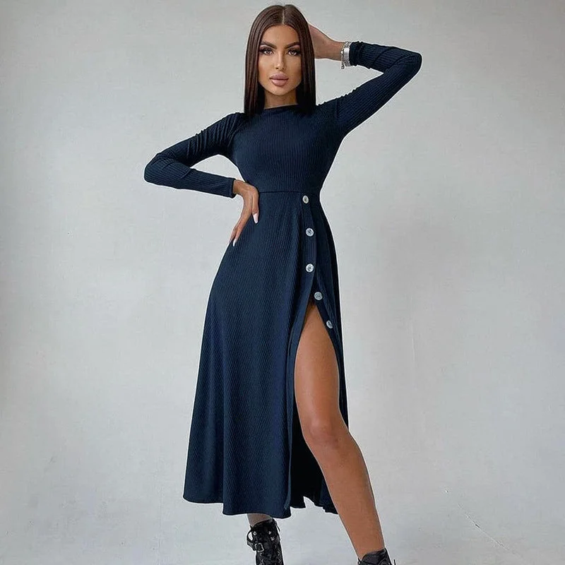 Long Sleeve Commuter Solid Pure Color High Split Button Maxi Dress Wholesale Maxi Dresses