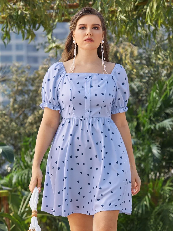 Casual All Over Print Ruffle Short Sleeve Square Neck Flared High Waist Short Plus Size Dress