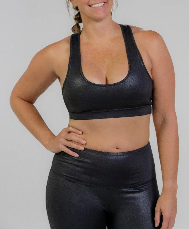 ULTRA RADIANT METALLIC SHINY BLACK SPORTS BRA