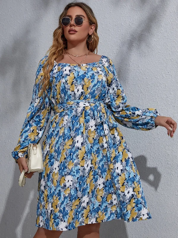 Boho Floral Belted Long Sleeve Square Neck Flared High Waist Knee Length Plus Size Dress