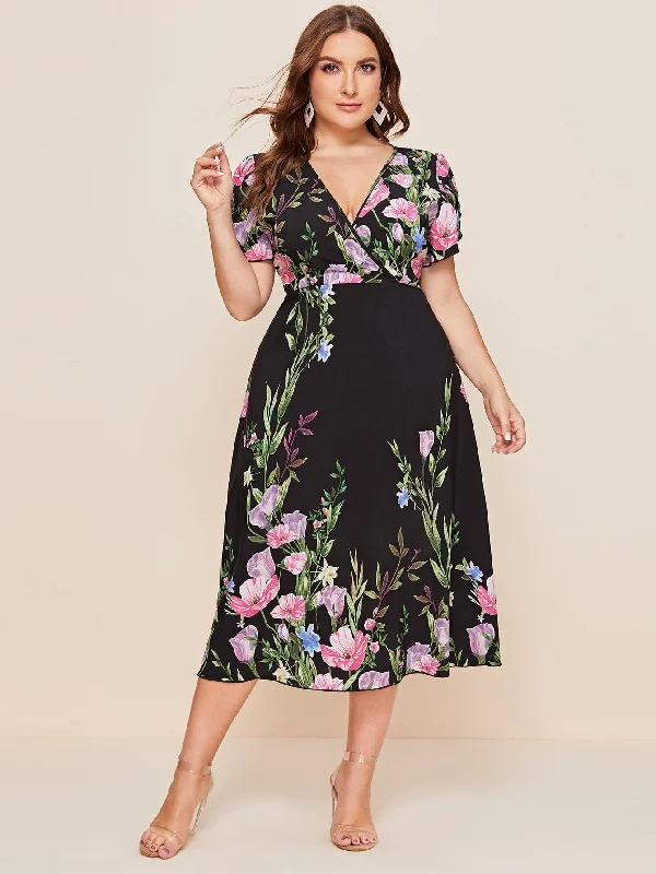 Elegant Floral Zipper Short Sleeve Deep V Neck Flared High Waist Long Plus Size Dress