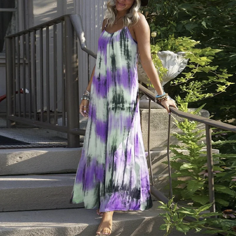 Open Back Tie Dye Print Sling Dress Casual Beach Wholesale Maxi Dresses