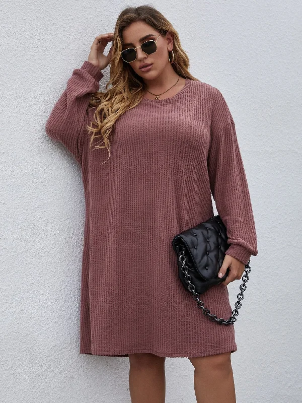 Casual Plain Long Sleeve Round Neck Straight Natural Knee Length Plus Size Dress