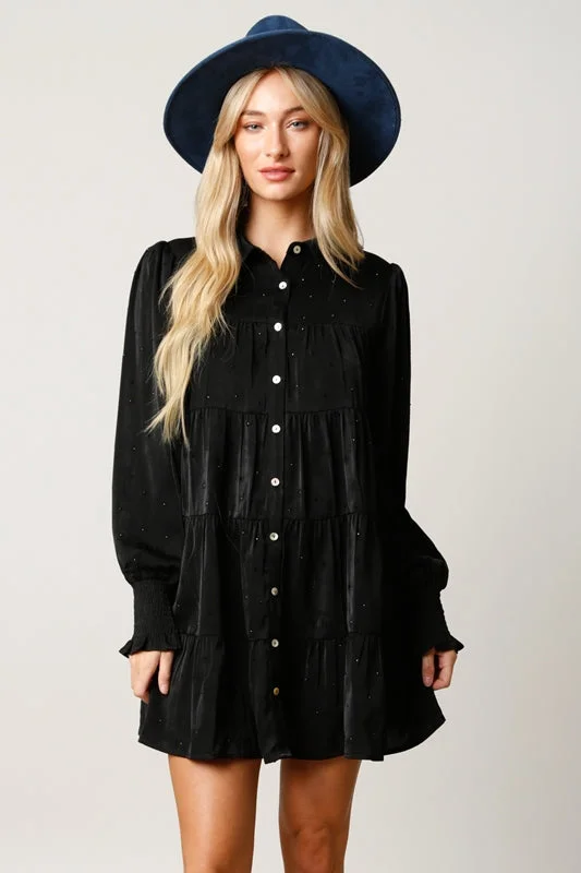 Rhinestone Button Down Babydoll Dress - Black