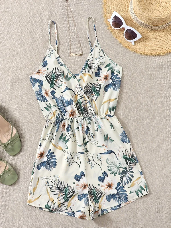 Boho Floral Wrap Sleeveless Spaghetti Strap Natural Short Women Jumpsuit