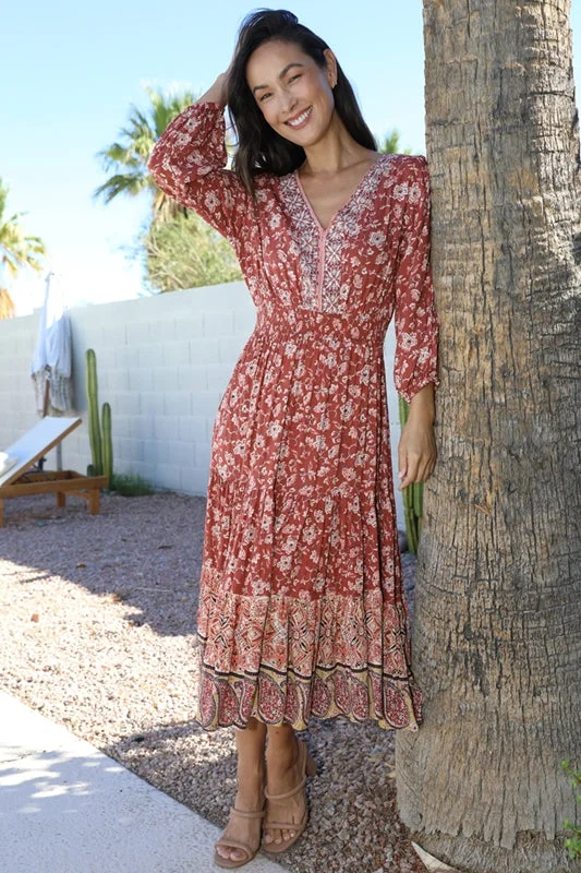 Paisley Floral Border Print Midi Dress - Rust