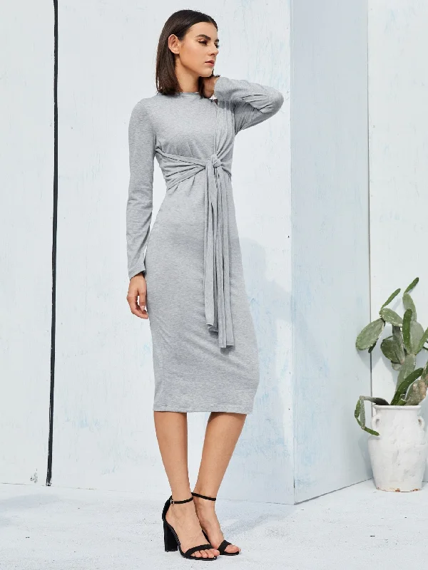 Plain Belted Long Sleeve Round Neck Pencil High Waist Midi Dress