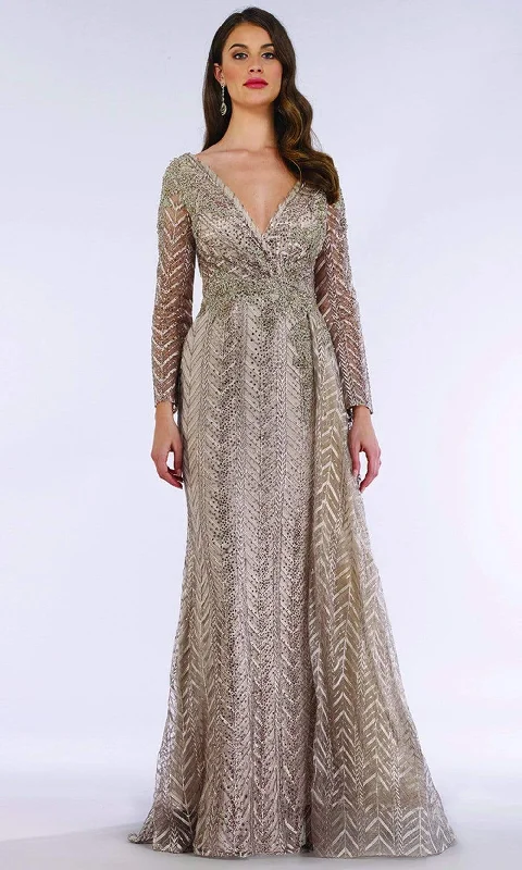 Lara Dresses - 29620 Trimmed V Neck Long Sleeve Adorned Evening Gown