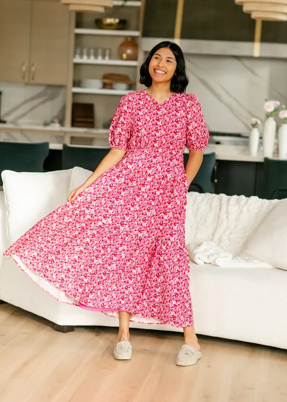 Floral Print Rose Pink Tiered Maxi Dress